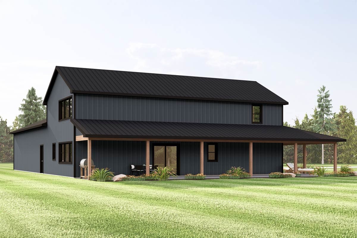 House plan exterior of a two-story Modern Farmhouse with a gabled roof, dark siding, and a wraparound porch supported by wooden posts.