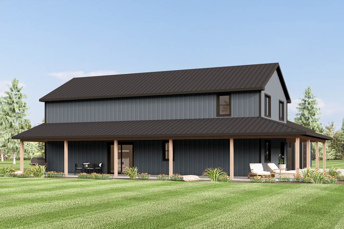 Two-story house plan exterior with dark metal roof, gray siding, and wrap-around porch supported by wood posts.