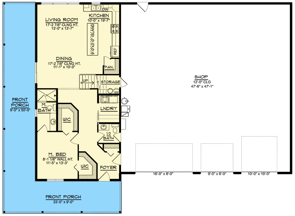 Plan 135353GRA: 3-Bedroom Barndominium House Plan with 2-Story Great Room - 1820 Sq Ft - Floor Plan - Main Level - Barndominium