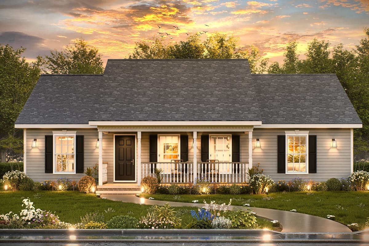 House plan exterior. Single-story Ranch with covered front porch, dark shutters, and a gable roof. Includes landscape lighting and walkway.
