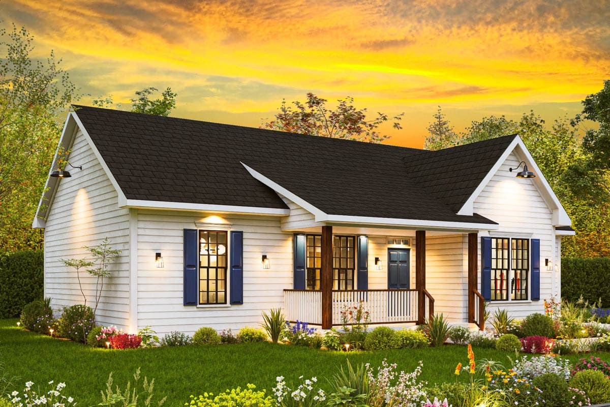 House plan exterior: One-story home with a gabled roof, front porch with wood columns, and dark shutters.