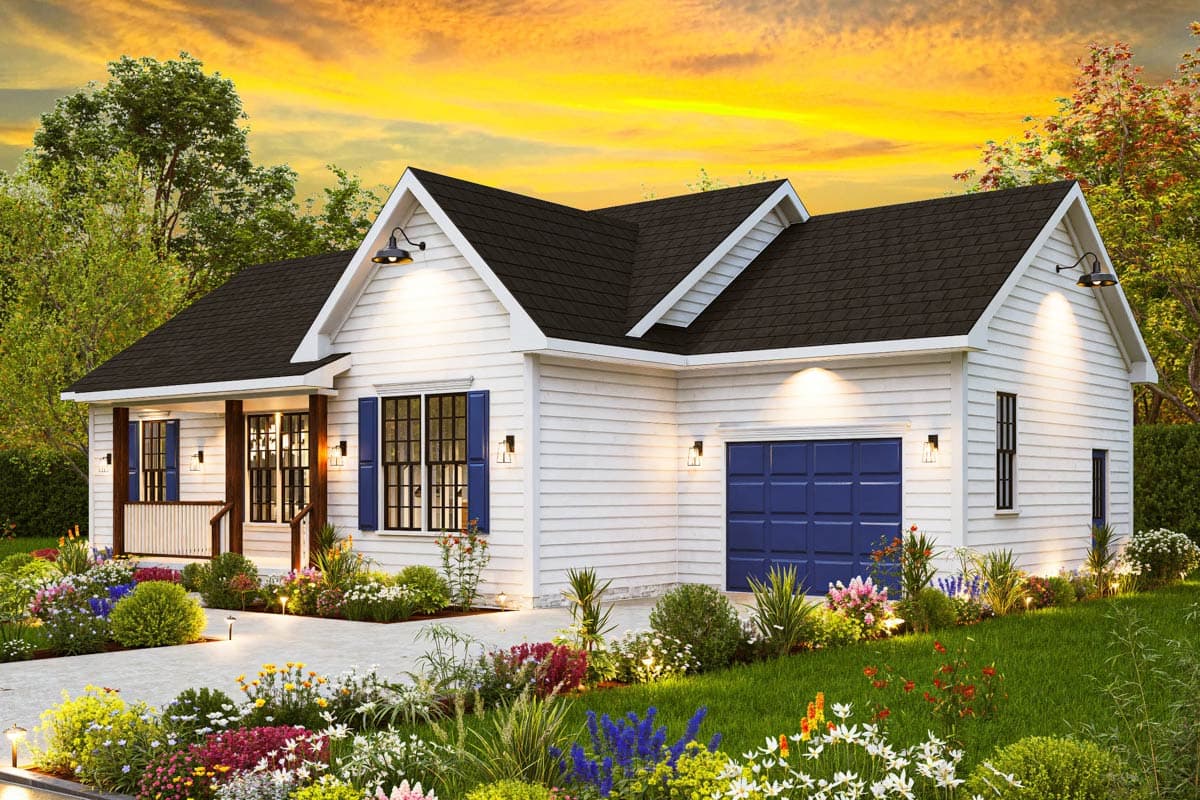 Modern Farmhouse house plan exterior with a covered front porch, gables, and a single-car garage.