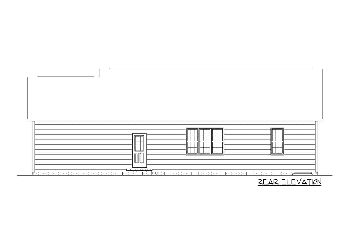 Rear elevation drawing of a house plan showing a door and three windows with horizontal siding and a stepped roofline.
