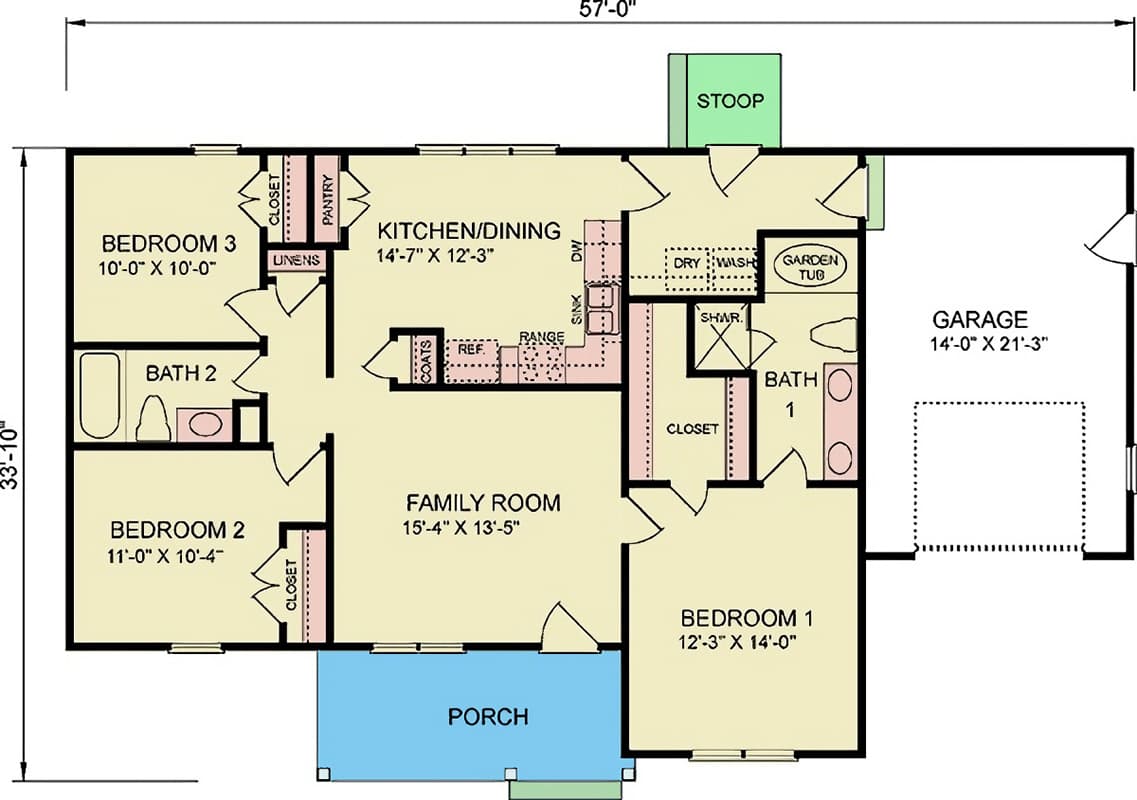 Plan 25865GE: 3-Bedroom Traditional House Plan with 1-Car Garage - 1220 Sq Ft - Floor Plan - Main Level - Country, Ranch, Traditional