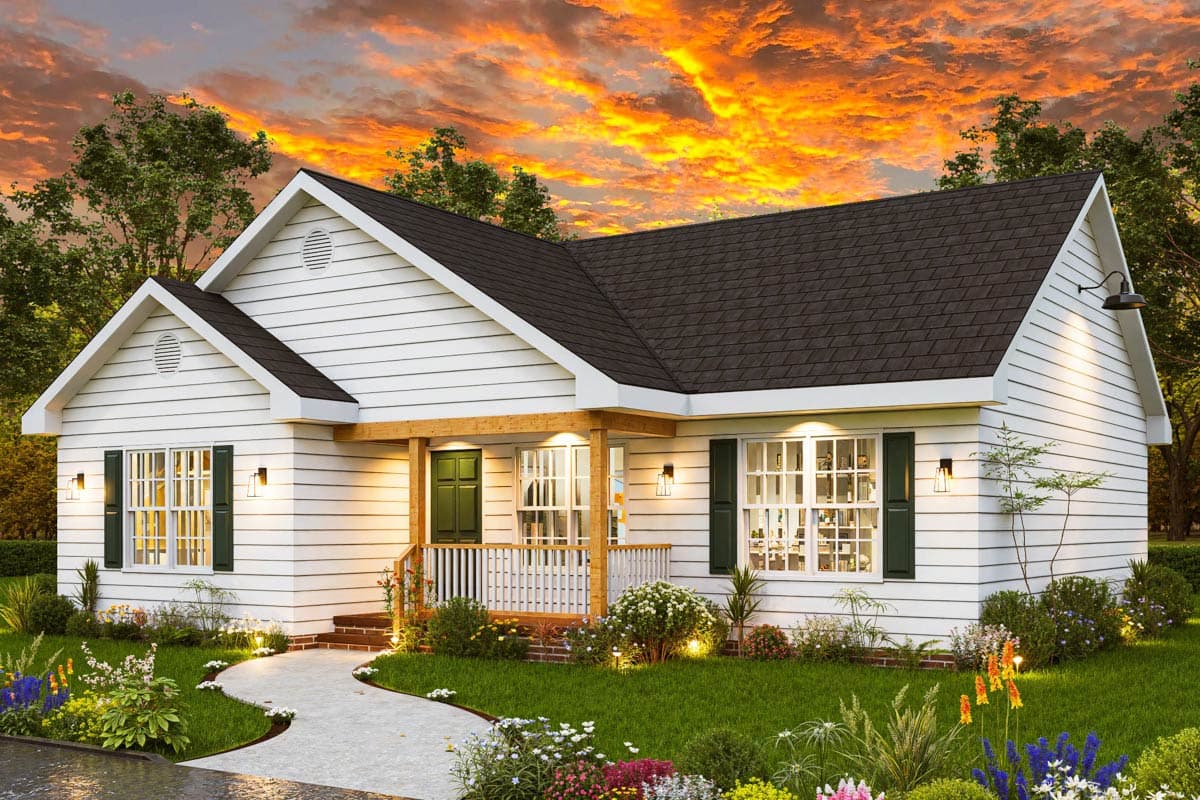 House plan exterior: One-story Modern Farmhouse with a covered porch, gabled dormers, and white horizontal siding.