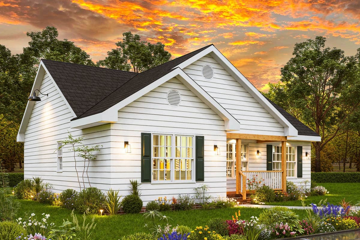Modern Farmhouse house plan exterior, one story, white lap siding, gable vents, covered front porch, and dark shutters.