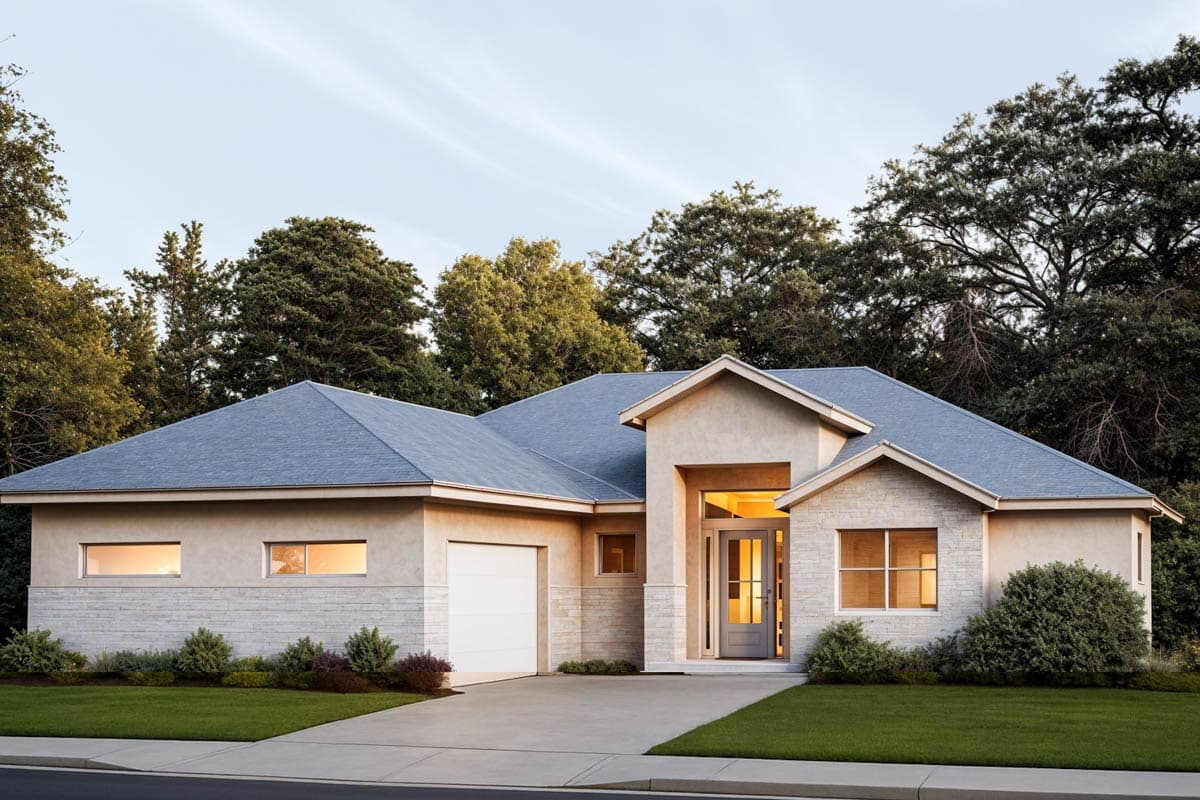 House plan exterior. Single-story with stucco and stone facade. Features include a side-entry garage, gable roof, and recessed entry.