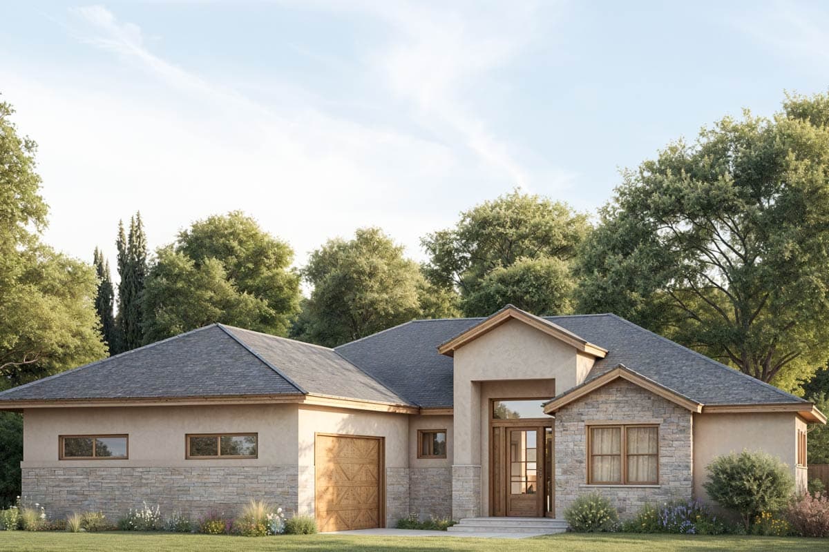 Single-story house plan exterior with stone accents, pitched roof, and attached garage. Features a prominent entryway.