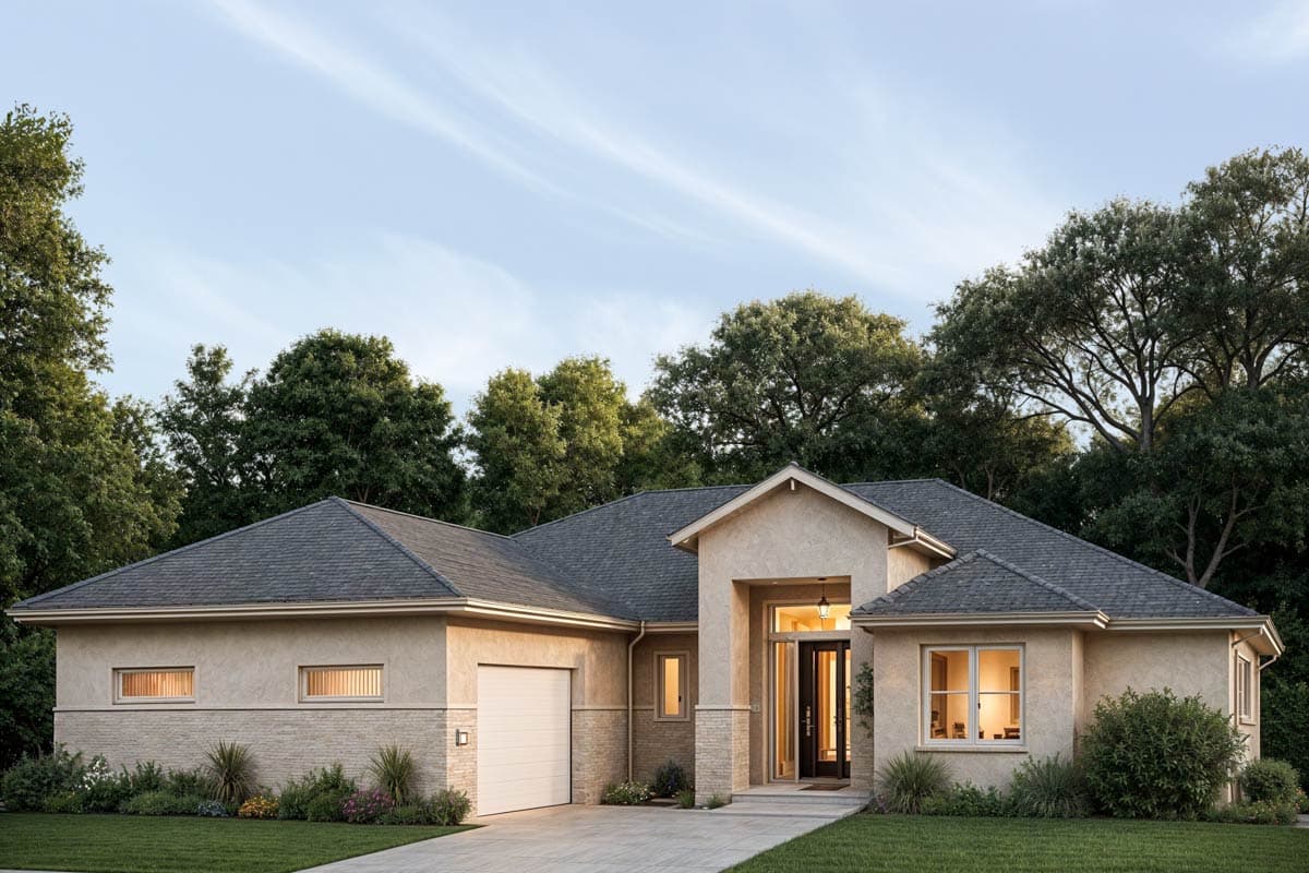 House plan exterior. Single-story home with stucco and stone facade, prominent gabled entryway, and attached garage.