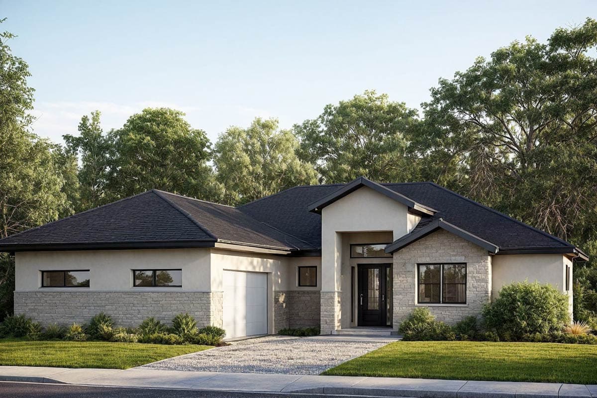 House plan exterior, single-story modern home with stone accents, pitched dark roof, and attached garage.