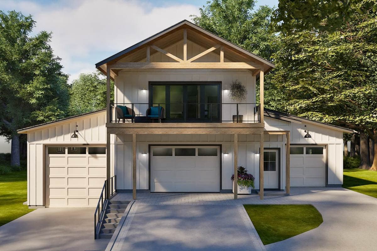 House plan exterior. Two-story Modern Farmhouse style with a balcony, garage, and gable roof. Exterior features include a covered porch with a beam.