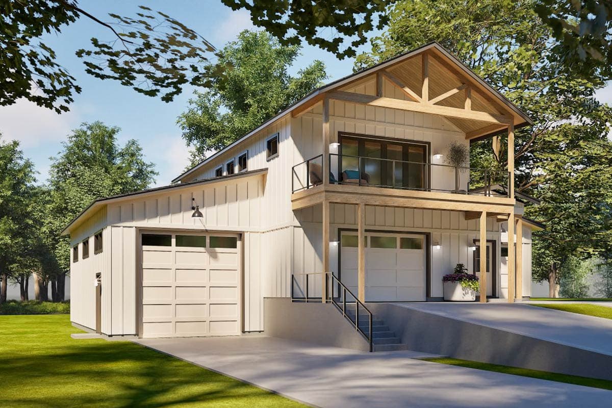 Modern farmhouse style house plan exterior with two garages, board and batten siding, and a second-story balcony with exposed rafters.