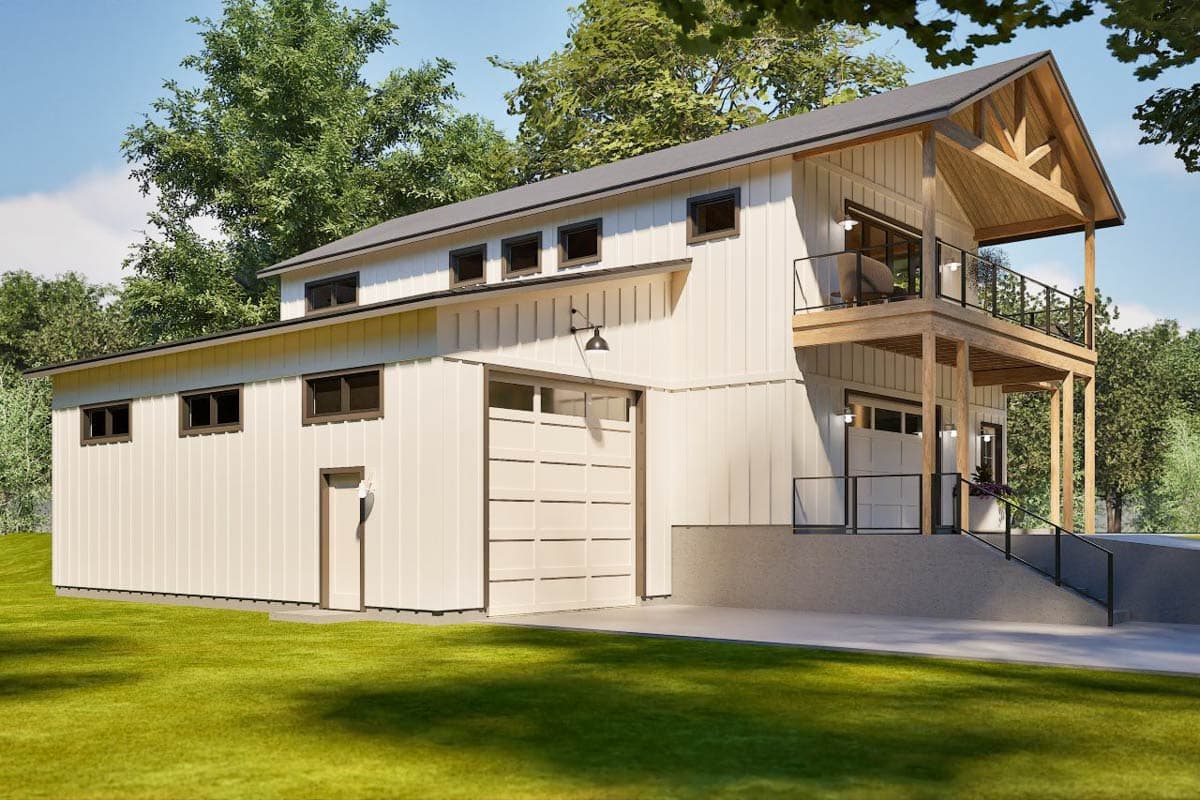 House plan exterior with board and batten siding, two stories, a covered upper balcony, and a two-car garage.