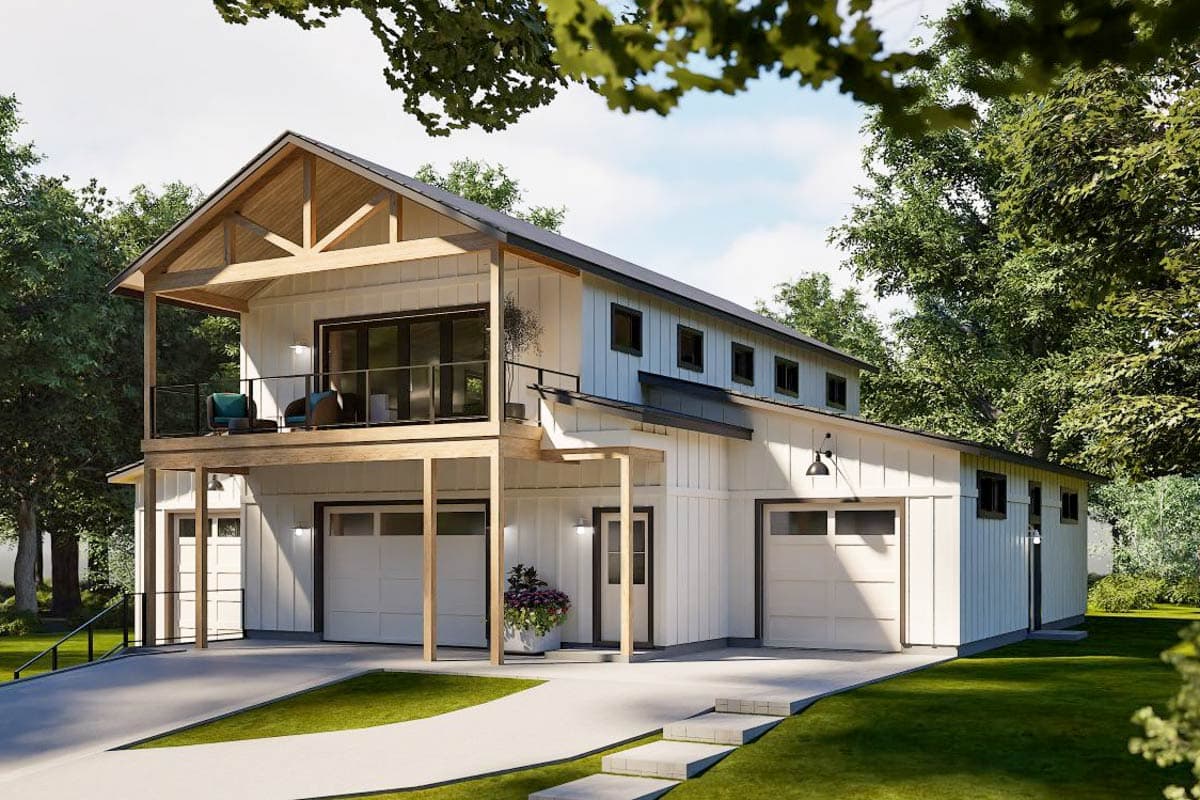 Modern Farmhouse house plan exterior with a two-story design, upper balcony, multiple garages, and shed roof dormers.