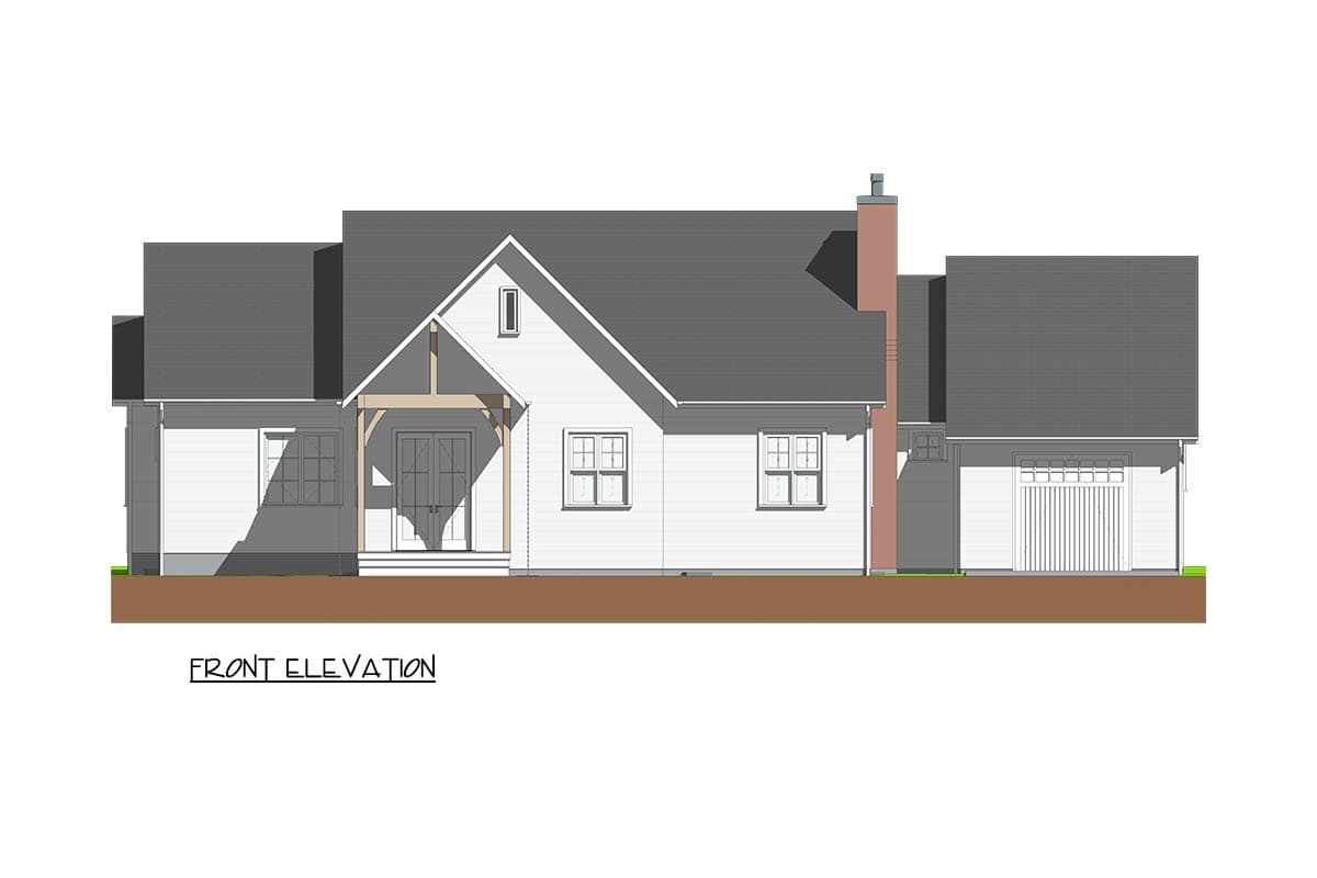 Architectural rendering of a white house with a gabled roof and a porch. A garage is attached to the right side of the house.