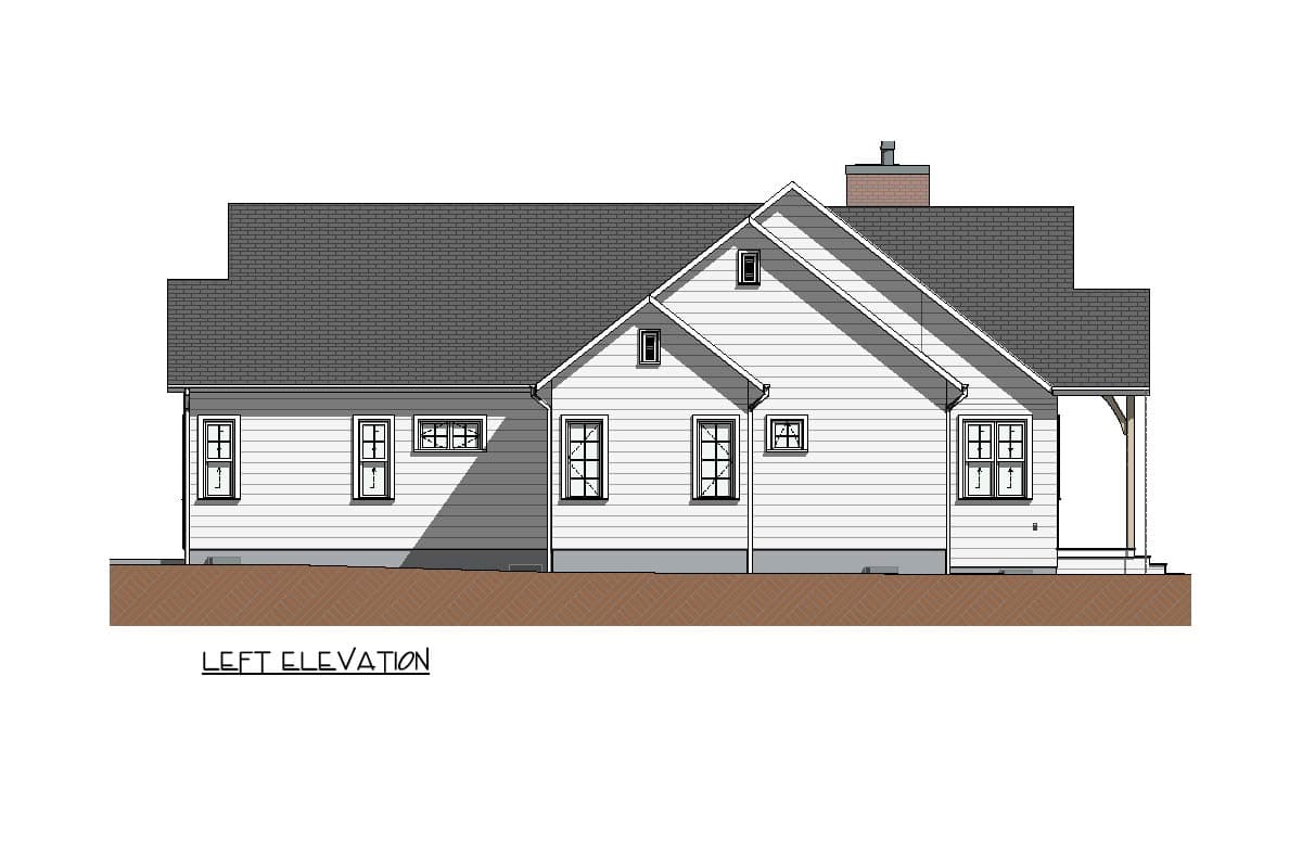 Architectural rendering of a house's left elevation, featuring a white exterior, multiple windows, and a dark gray roof.