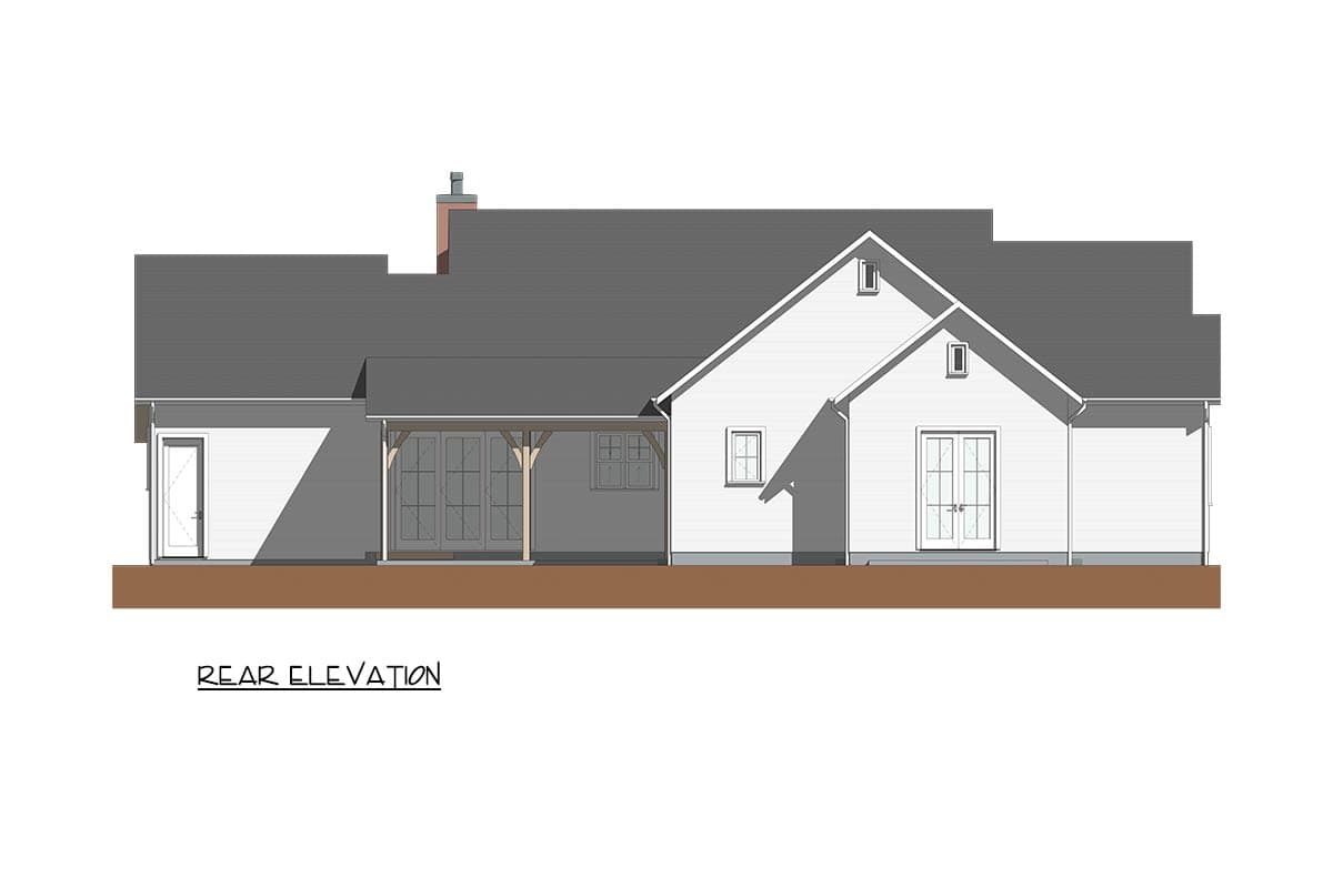 Rear elevation of a modern farmhouse-style house. Features a porch, gabled roof, and french doors.