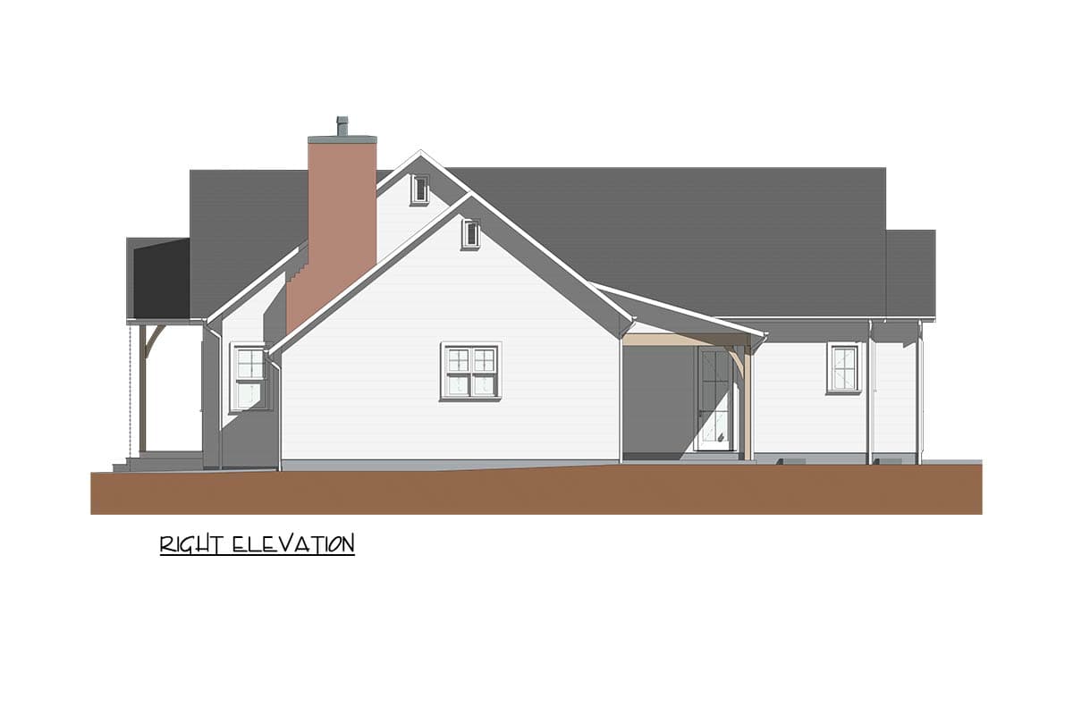 Architectural rendering of a house's right elevation, featuring a white exterior, gray roof, brick chimney, and porch.