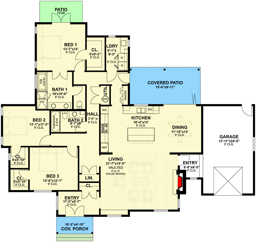Plan 871039NST: 3-Bed Cottage Farmhouse House Plan with Vaulted Living and Covered Porch - Floor Plan - Main Level - Cottage, Farmhouse
