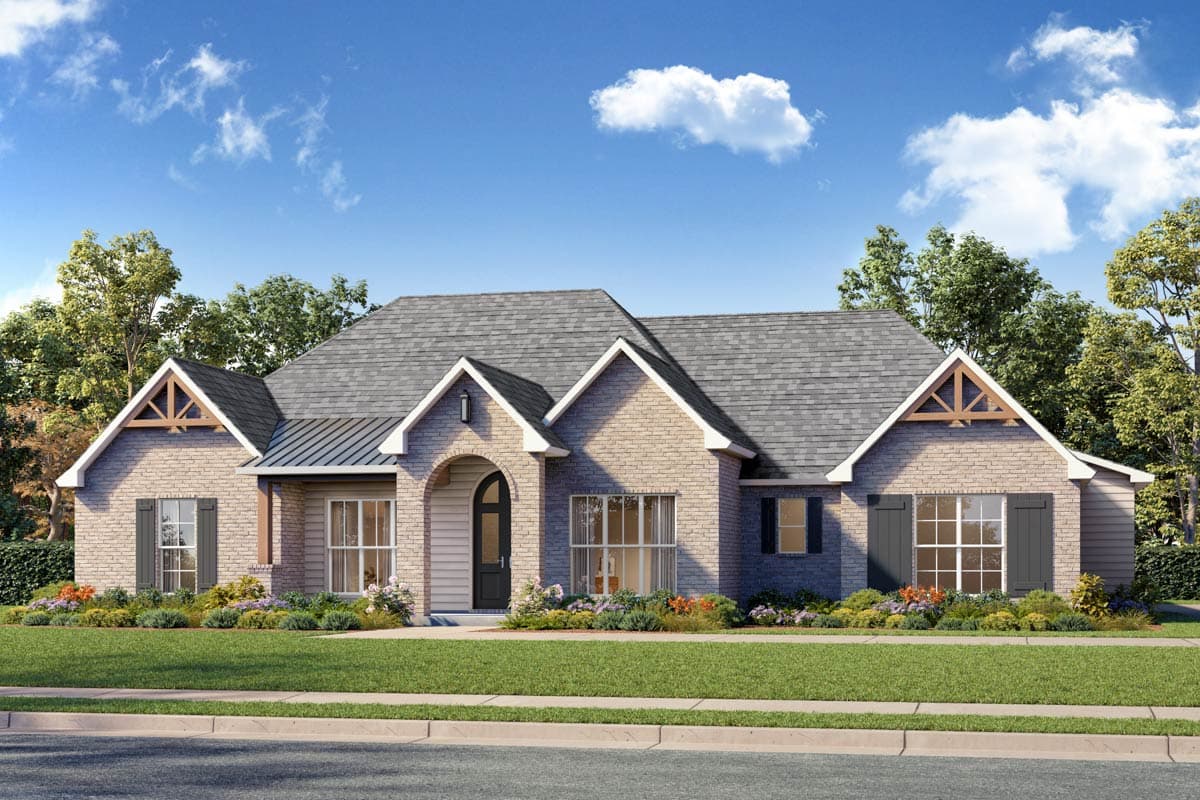 House plan exterior. Single-story, brick facade, gabled roof with dormers and exposed rafter tails, and a front entry archway.