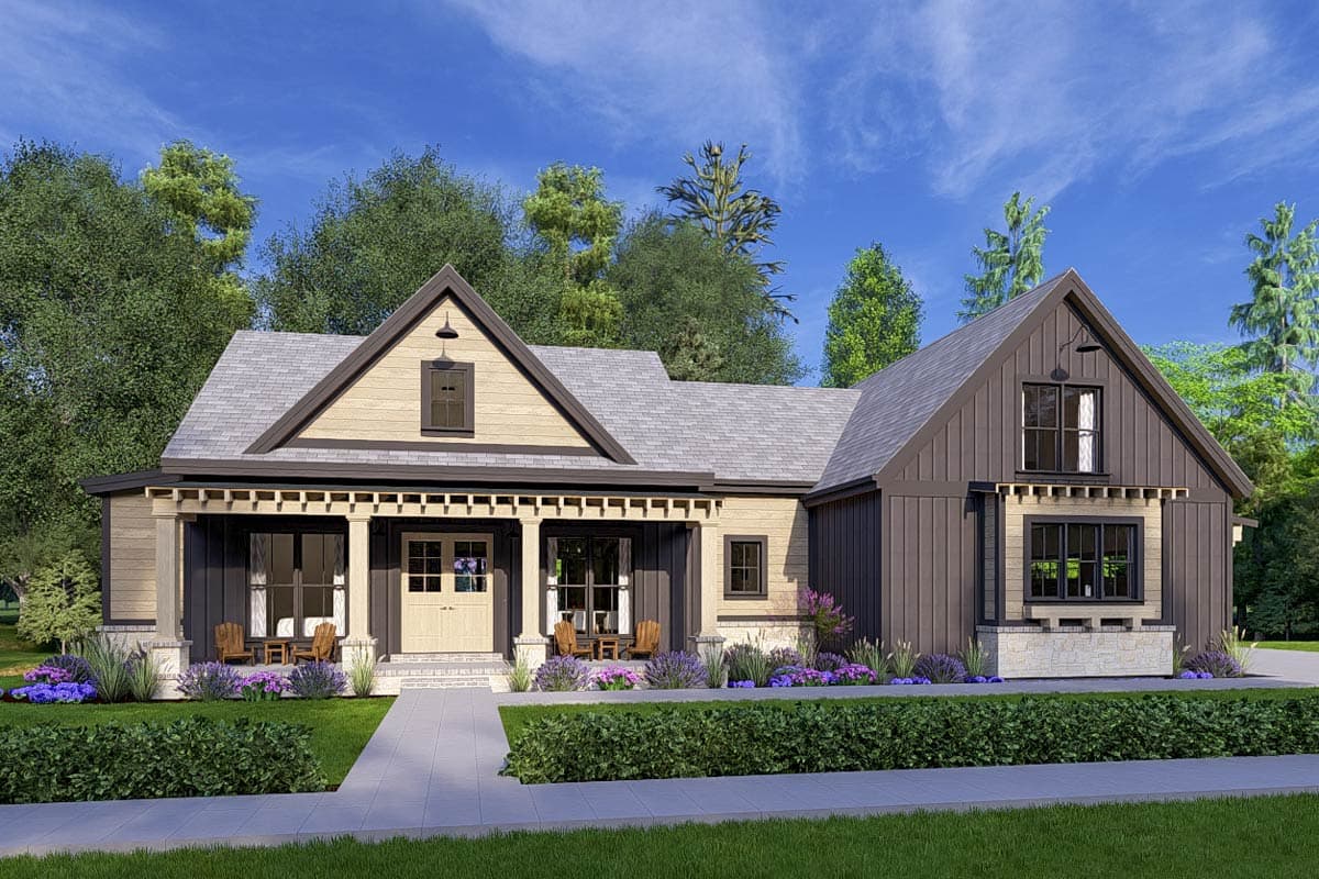 House plan exterior. Modern farmhouse style with porch, gables, and vertical siding. Features include multiple gabled rooflines and a covered porch.