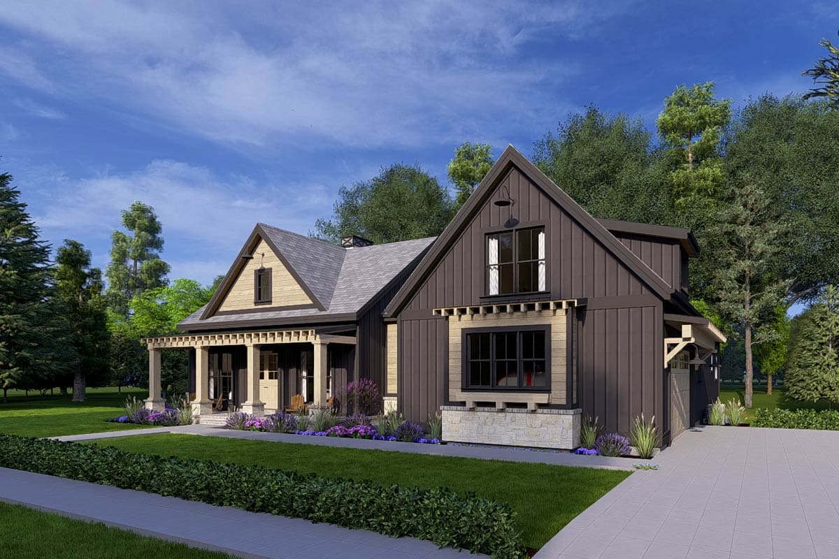 Modern Farmhouse house plan exterior with wraparound porch, gables, board and batten siding, and stone accents.