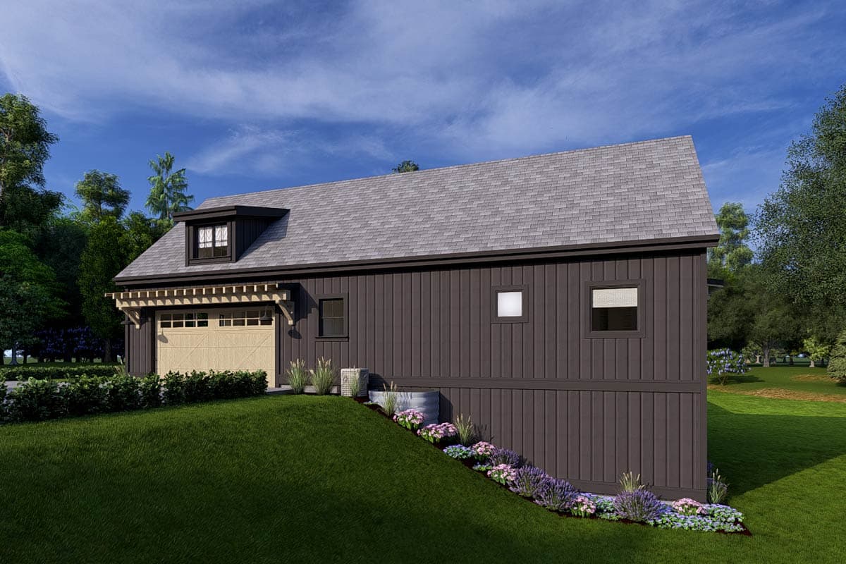 House plan exterior, modern farmhouse style, one-story with garage, dormer, and vertical siding.