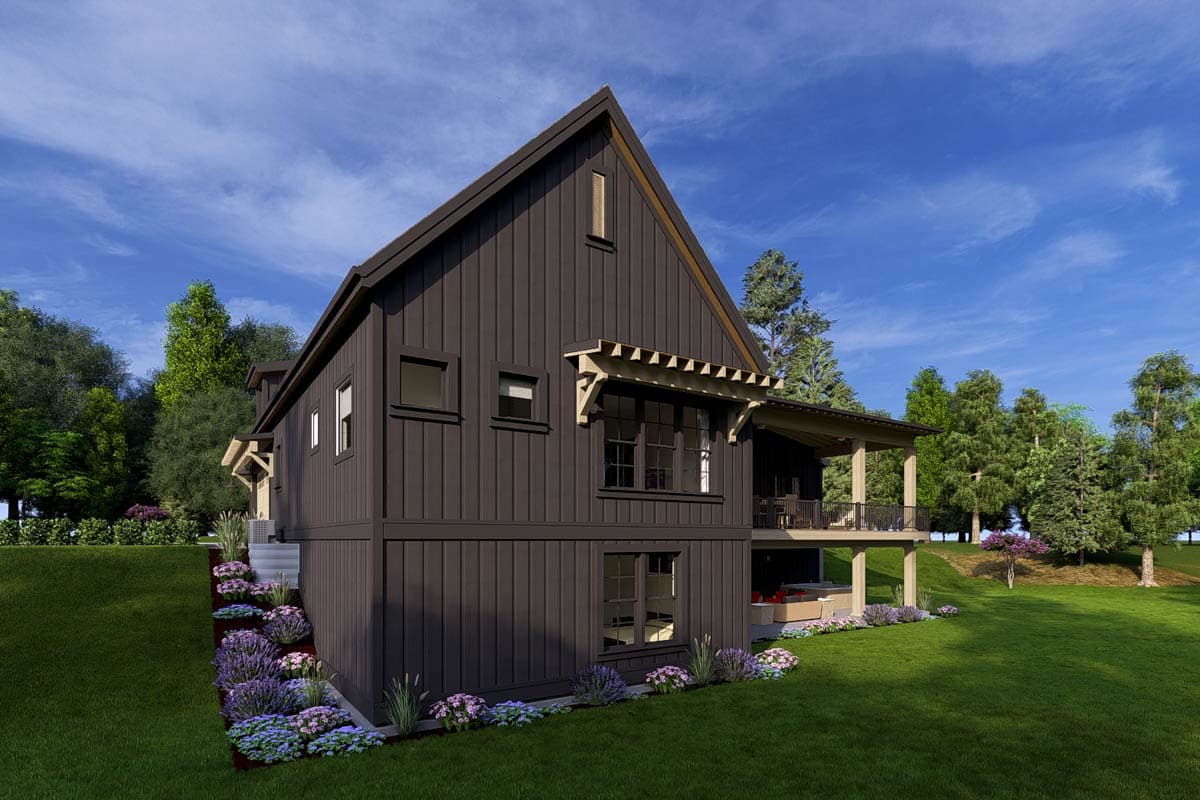 Modern Farmhouse house plan exterior with board and batten siding, gabled roof, covered deck, and lower patio.