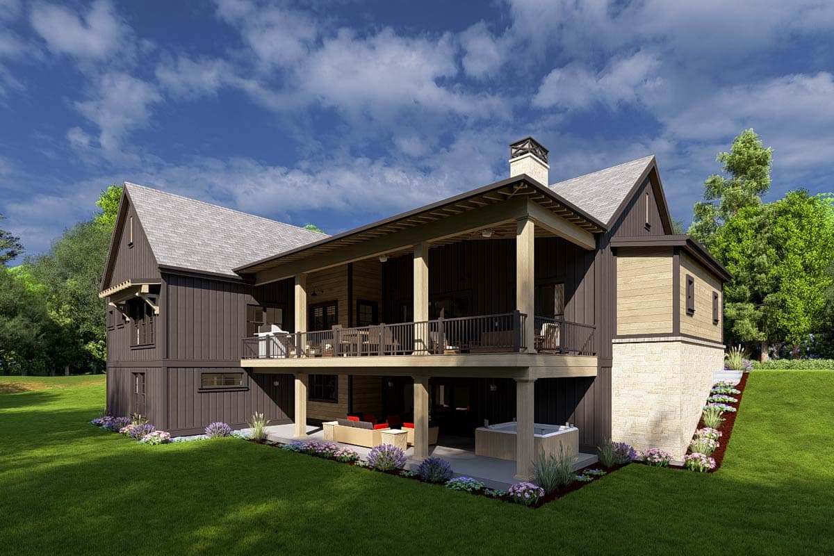 House plan exterior: Two-story modern farmhouse with a covered porch, gables, and stone foundation.