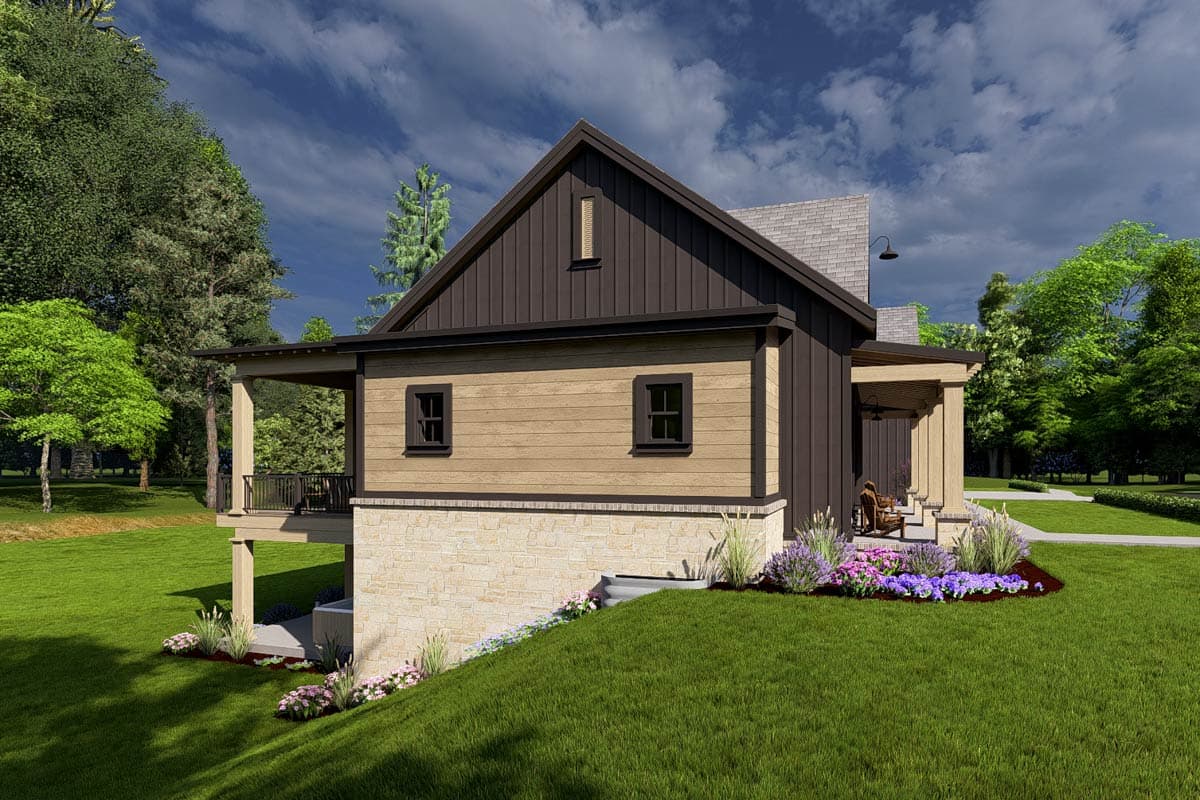 House plan exterior with stone foundation, horizontal siding, covered porch with wood posts, gabled roof with vertical siding.