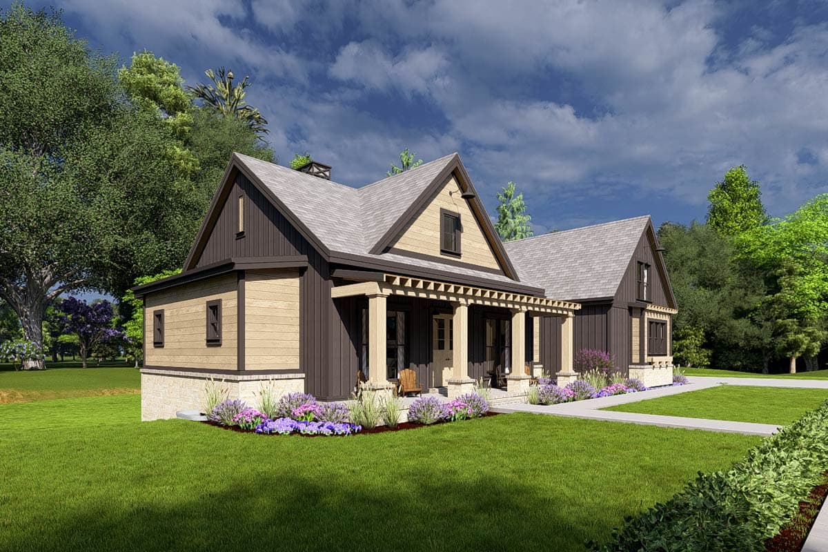 House plan exterior: Two-story Modern Farmhouse with large front porch, gables, and wood and stone siding.
