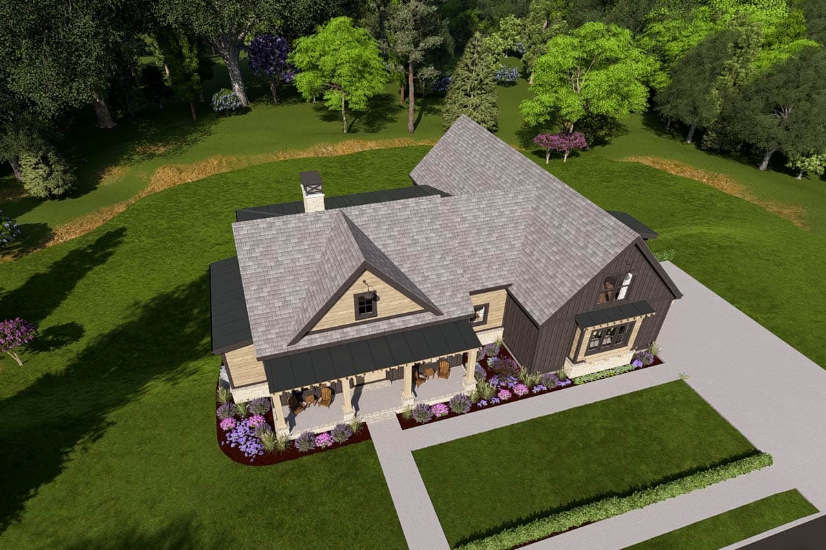 House plan exterior: Modern Farmhouse style, 1.5 stories, with a covered front porch, gables, and a dormer.