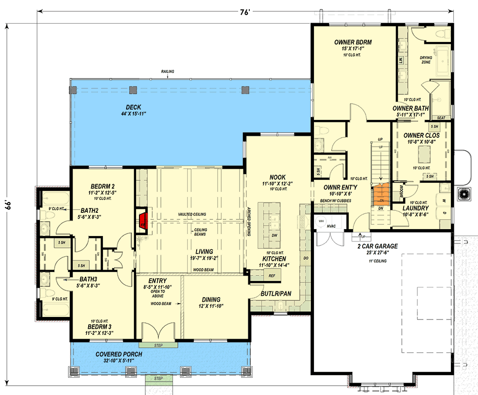 Plan 64553SC: 3-Bed Rustic Farmhouse Plan with Unfinished Bonus Room Above Garage - 2531 Sq Ft - Floor Plan - Main Level - Country, Farmhouse, Mountain, New American, Rustic