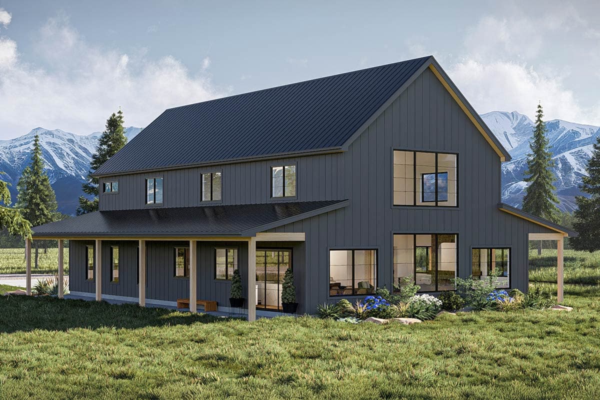 Modern Farmhouse house plan exterior with wraparound porch, metal roof, and large windows.