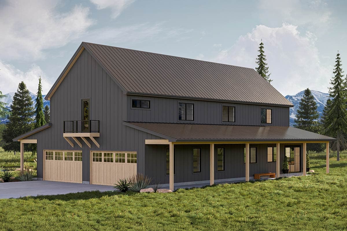 Modern Farmhouse house plan exterior with a metal roof, a two-car garage, and a wraparound porch.