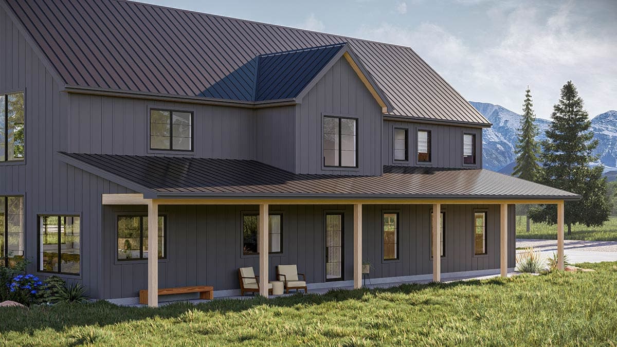 House plan exterior: Two-story Modern Farmhouse with wrap-around porch, vertical siding, and metal roof.