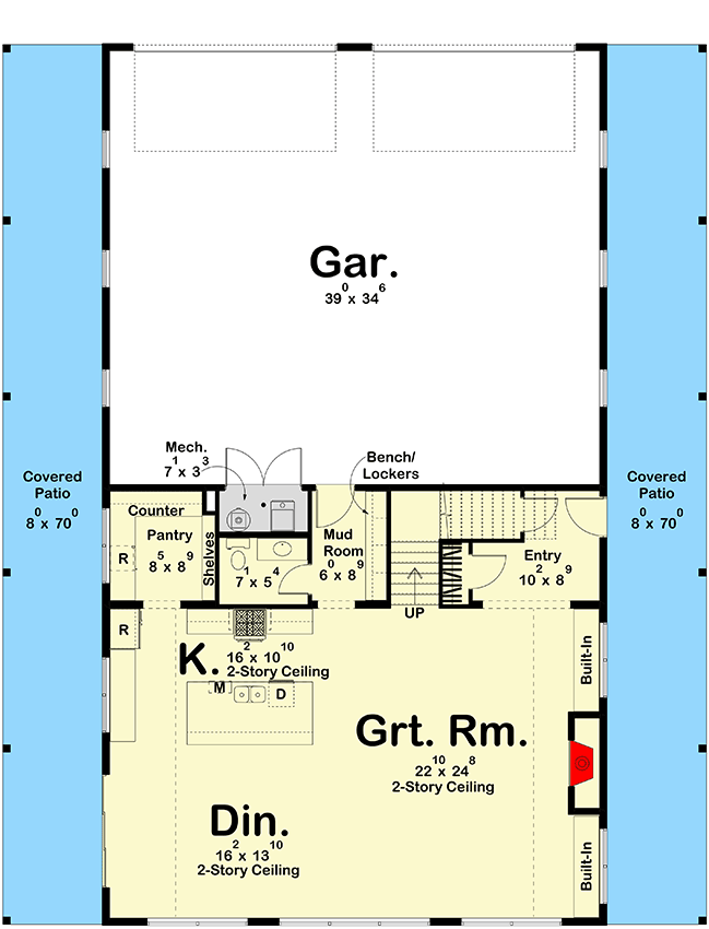Plan 623512DJ: 3-Bedroom Barndominium House Plan with 2-Story Great Room - 2659 Sq Ft - Floor Plan - Main Level - Barndominium