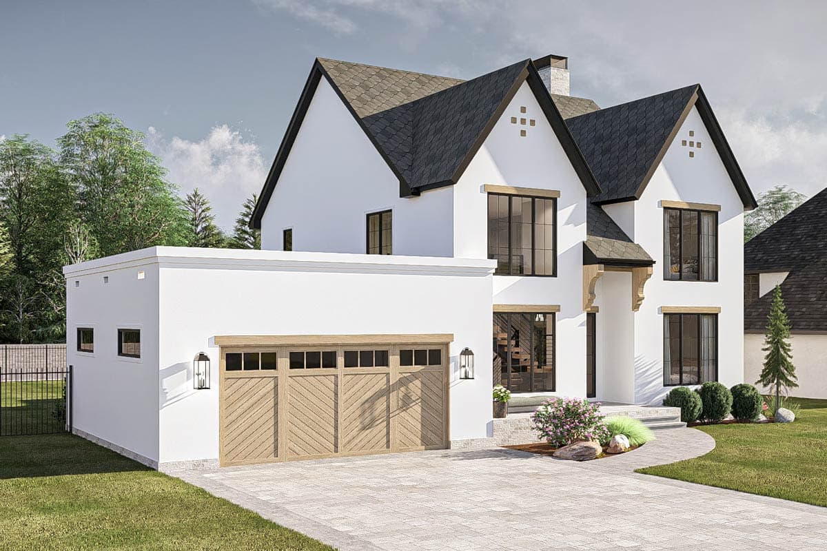 House plan exterior: Two-story modern house with gabled rooflines, a detached garage, and large windows.