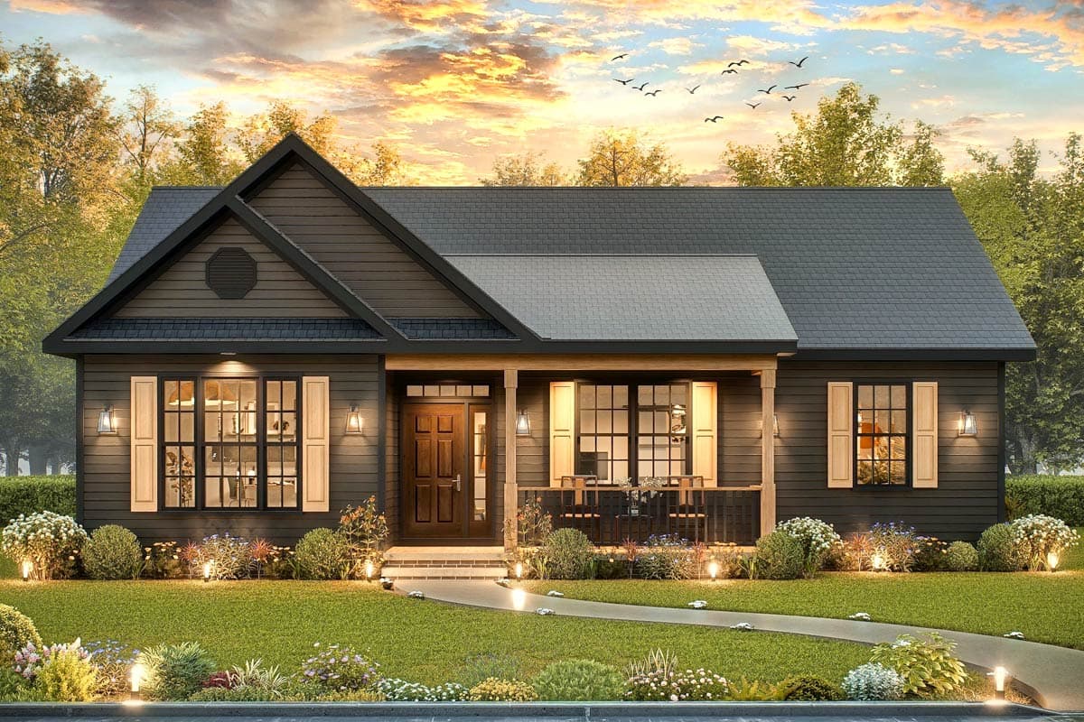 House plan exterior: Modern Farmhouse style, one story, with gabled front, covered porch, and board-and-batten siding.