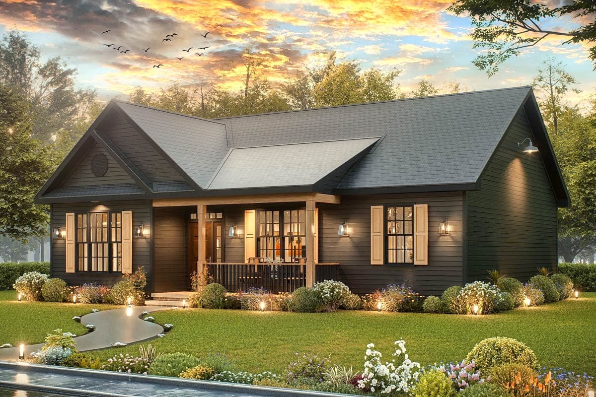 House plan exterior: Single-story Modern Farmhouse with a covered front porch, gables, and dark horizontal siding.