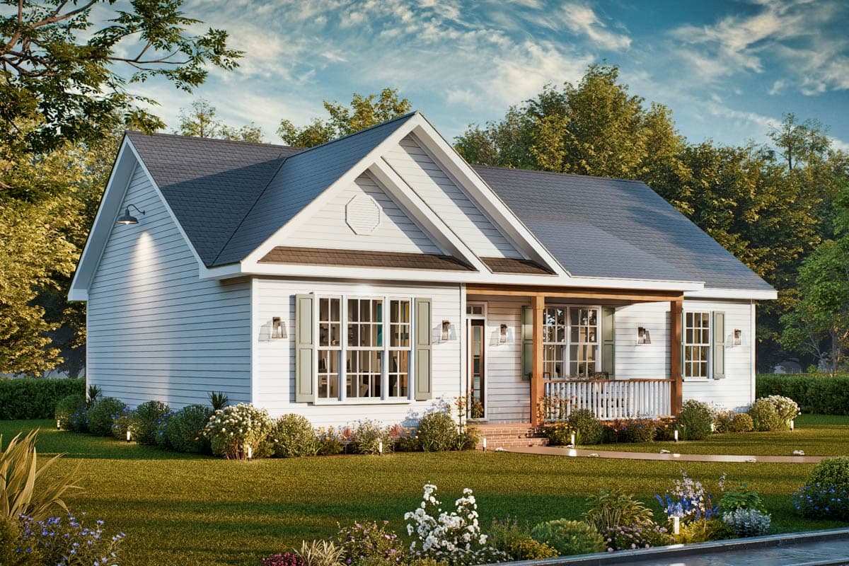 House plan exterior: Modern Farmhouse style, one story, with gabled dormers, front porch, and white siding.