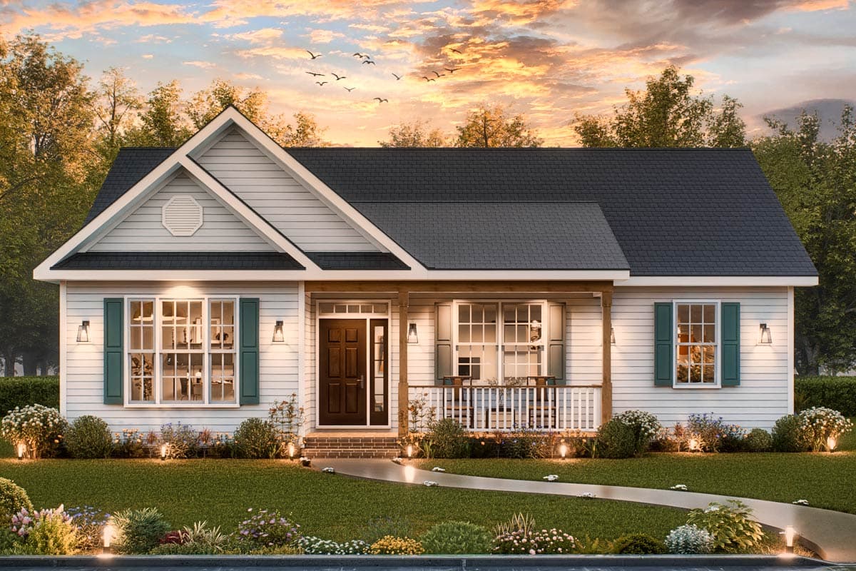 Modern Farmhouse house plan exterior with a covered front porch, gable roof, and dormer.