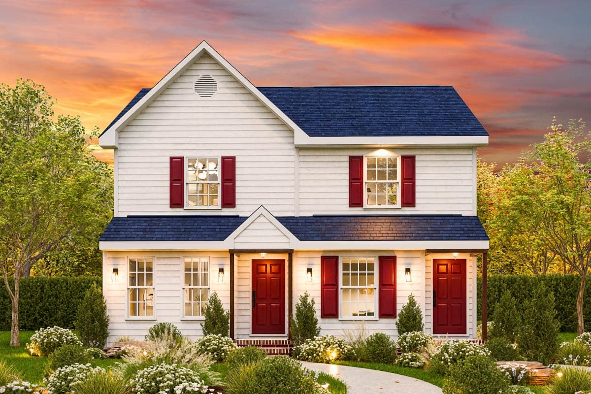 House plan exterior featuring a two-story Colonial style, with gabled roof, dormers, and front porch with pillars and red shutters.