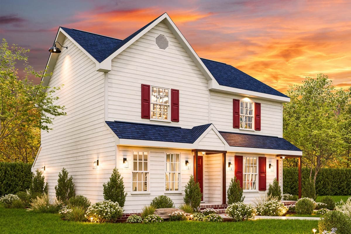 Two-story Modern Farmhouse with white siding, blue roof, red shutters, front porch, and gables.