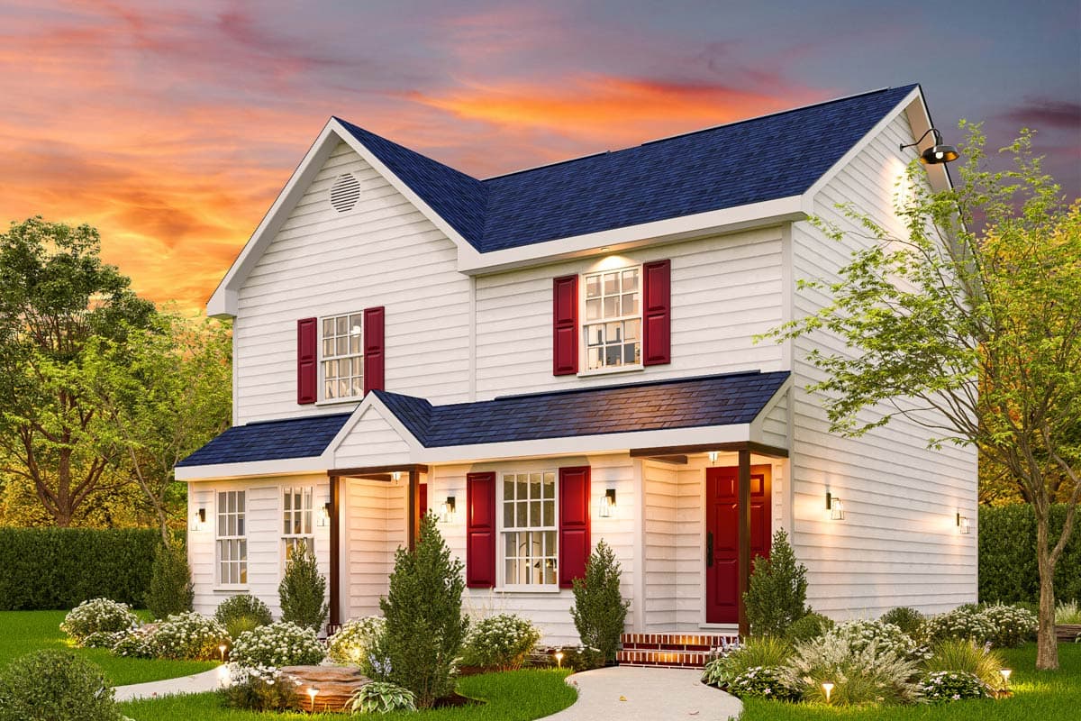 Two-story house plan exterior with white siding, blue roof, gables, dormers, and red-accented windows and doors.
