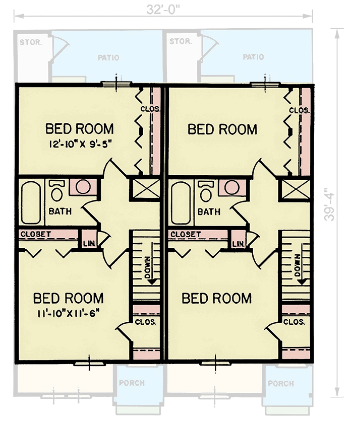 Plan 25870GE: Two-Story 2-Bed Traditional Multi-Family Plan with Each Unit Under 1000 Sq Ft - Floor Plan - 2nd Floor - Traditional