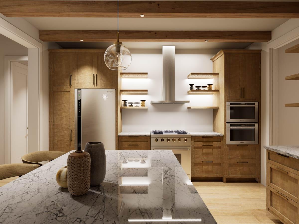 Kitchen interior with wood cabinetry, marble island, stainless steel appliances, gas range, and pendant lighting.