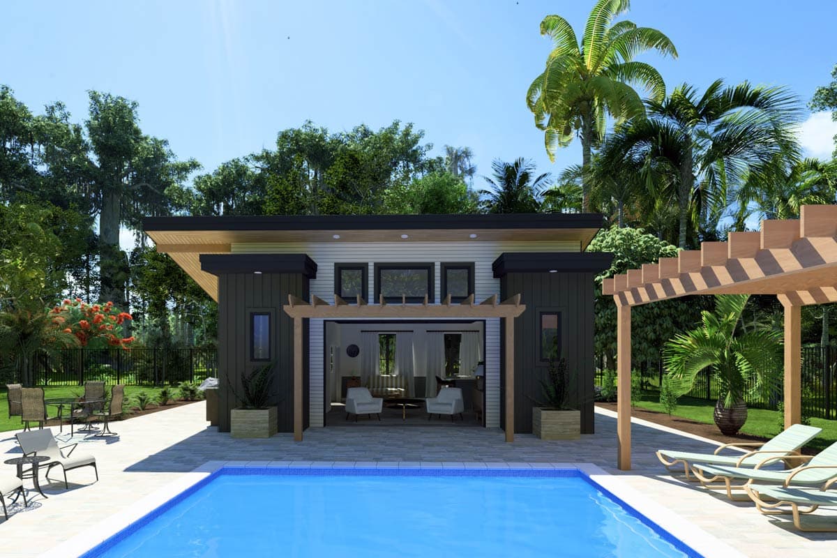 Modern house plan exterior with a flat roof, large glass doors, and wooden pergola over a pool area.