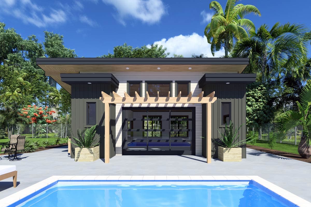 House plan exterior. Modern style with flat roof and pergola over glass door. Includes accent wood siding and a swimming pool.