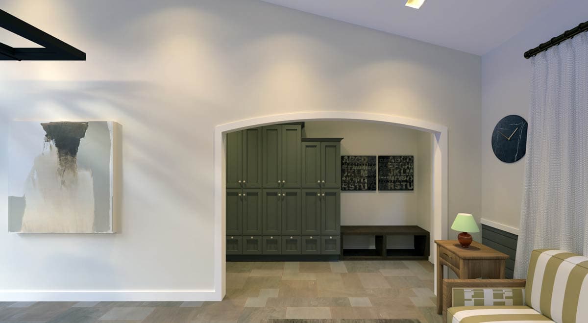 Interior rendering of a mudroom with green cabinetry, bench, and tiled floor, leading to a living area.
